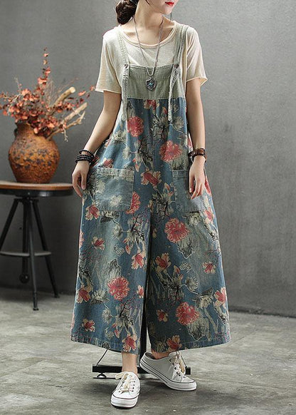 French Dark Color Print Patchwork Pockets Denim Outfits Rompers