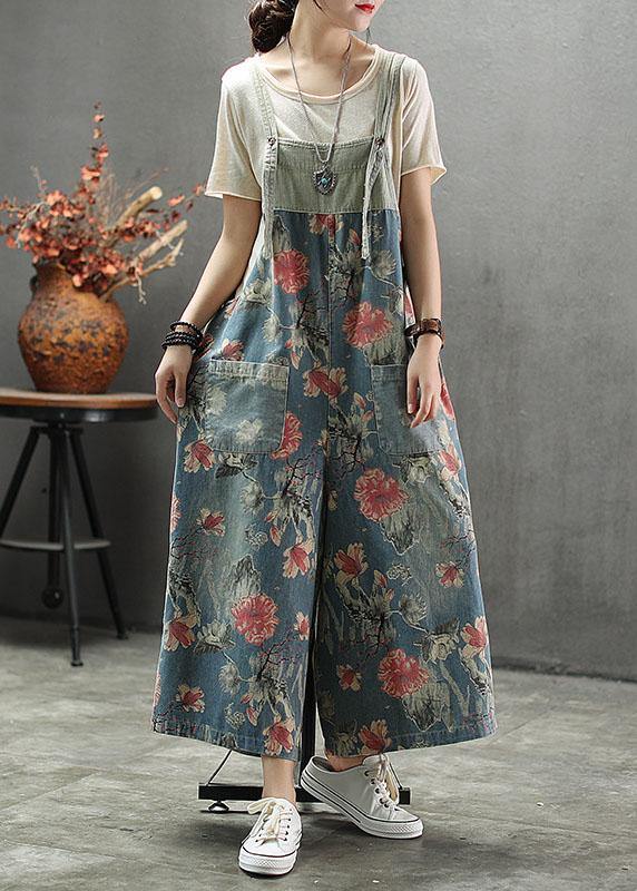 French Dark Color Print Patchwork Pockets Denim Outfits Rompers