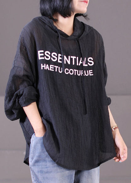 Classy Black Hooded Drawstring Wrinkled Cotton Sweatshirt Long Sleeve