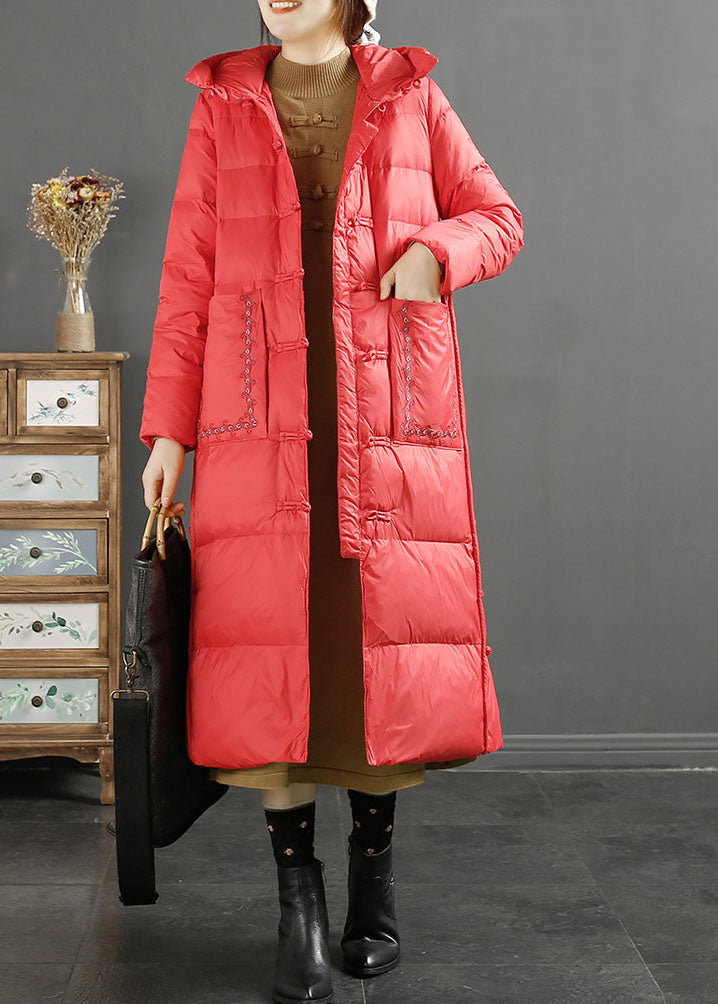 Fine Red Embroideried Side Open Button Duck Down Hooded Down Coat Long Sleeve