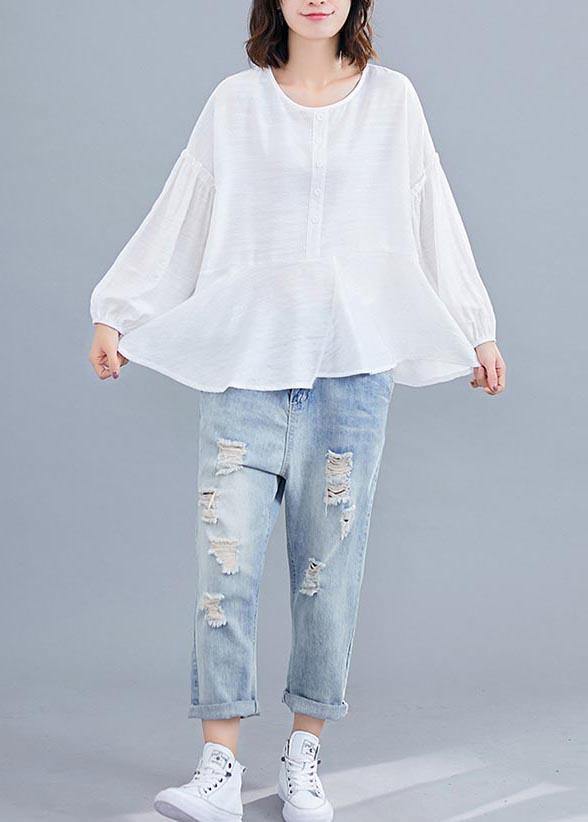 Light Green Asymmetrical Design Long Sleeve Cotton Linen Summer Blouses
