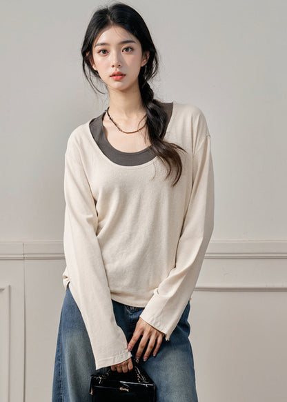 Handmade Apricot O-neck Patchwork Fake Two Pieces T Shirt Fall