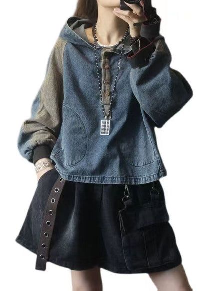 Hooded Pockets Button Fall Denim Sweatshirts