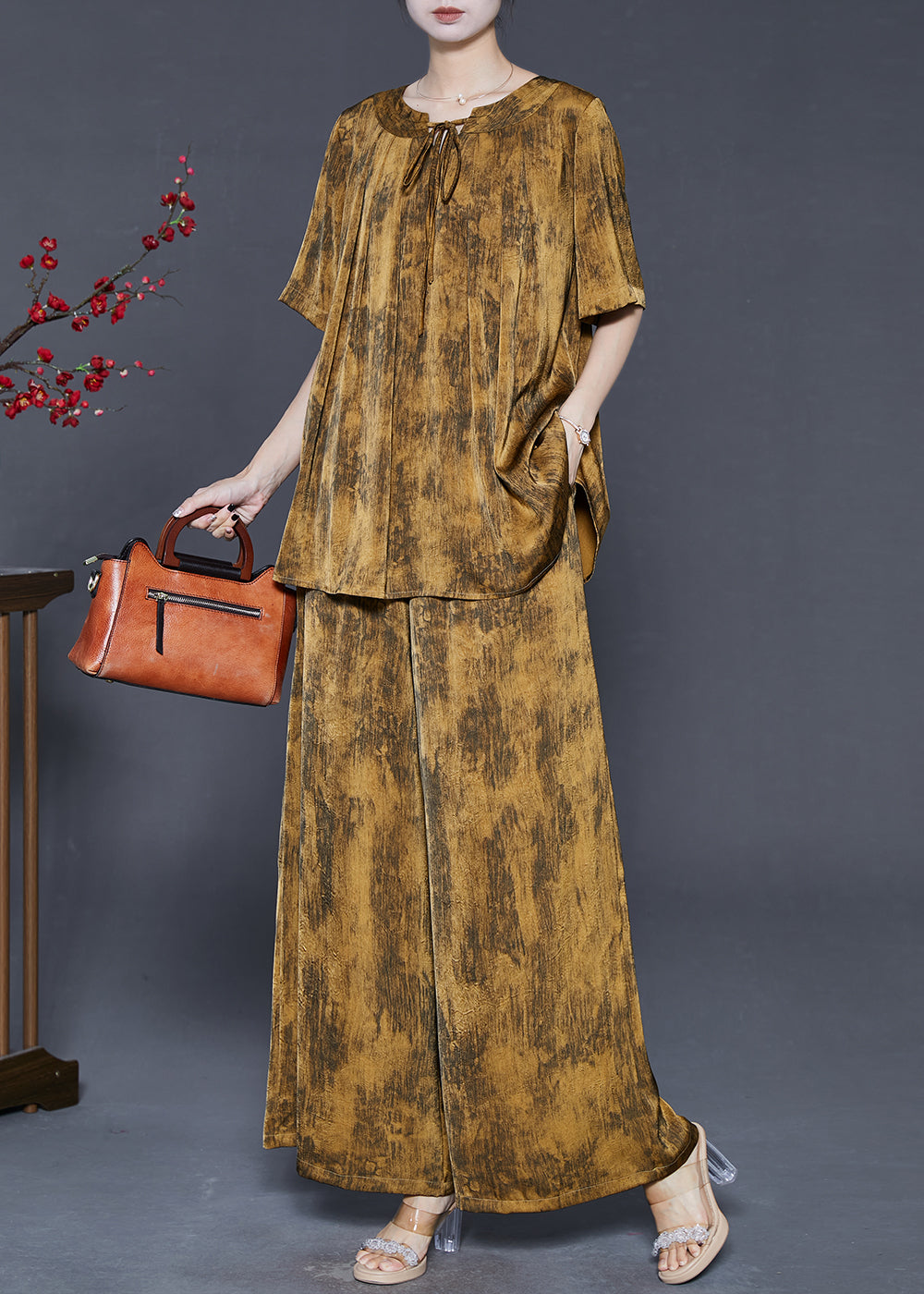 Brown Oversized Tie Dye Silk Two Piece Set Summer