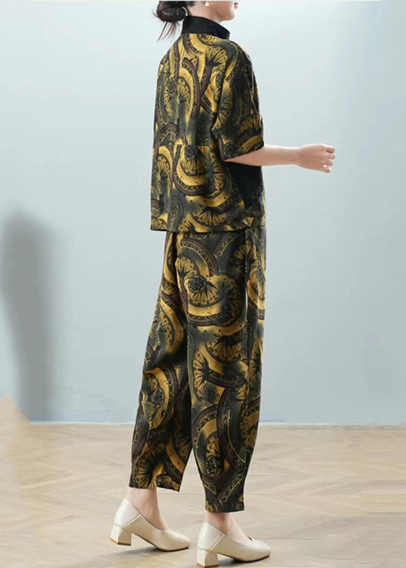Green Print Shirt and Harem Pants Two Pieces Set Half Sleeve