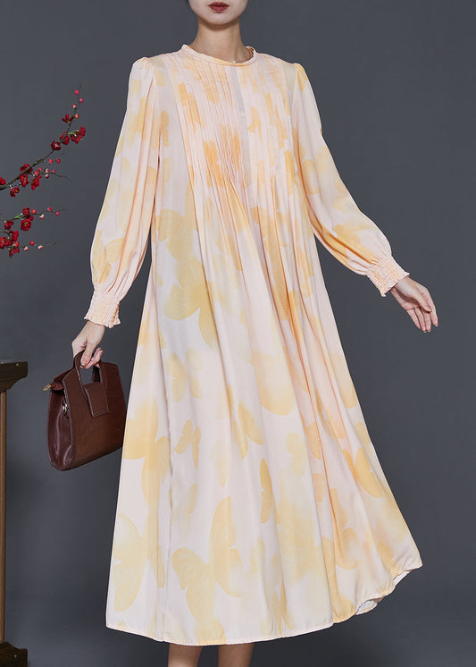 French Apricot Wrinkled Chiffon Dresses Spring