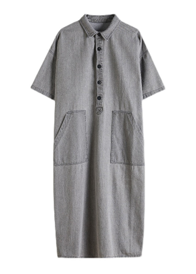 Loose Grey Peter Pan Collar Button Side Open Pockets Denim Dresses Short Sleeve