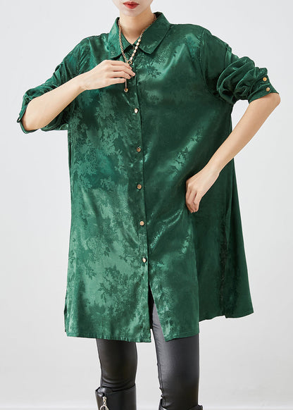 Diy Blackish Green Jacquard Side Open Draping Silk Long Shirt Fall