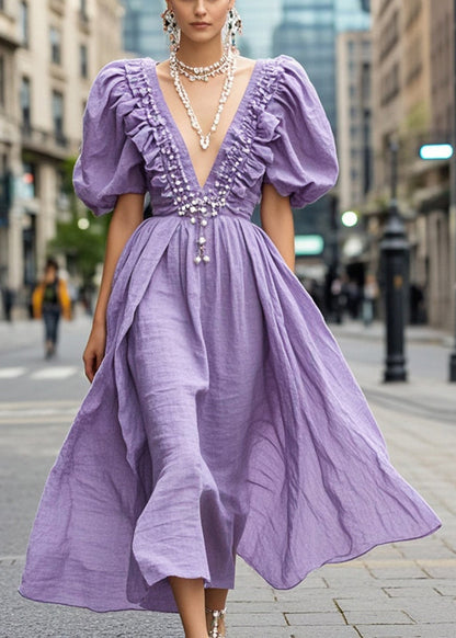 Lavender Ruffled Nail Bead Cotton Dress Puff Sleeve