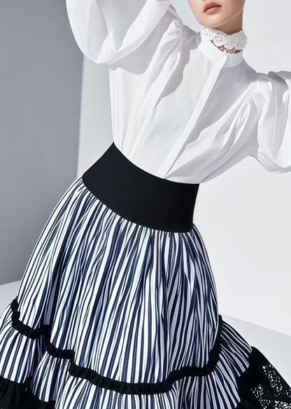 Blue Striped Patchwork Lace Skirt Summer