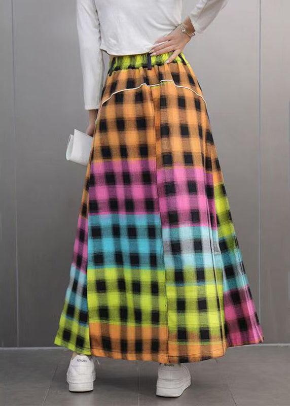 Blue Plaid Patchwork Patch Denim Maxi Skirts Spring