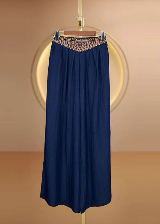 Blue Embroidered Elastic Waist Cotton Pants Fall