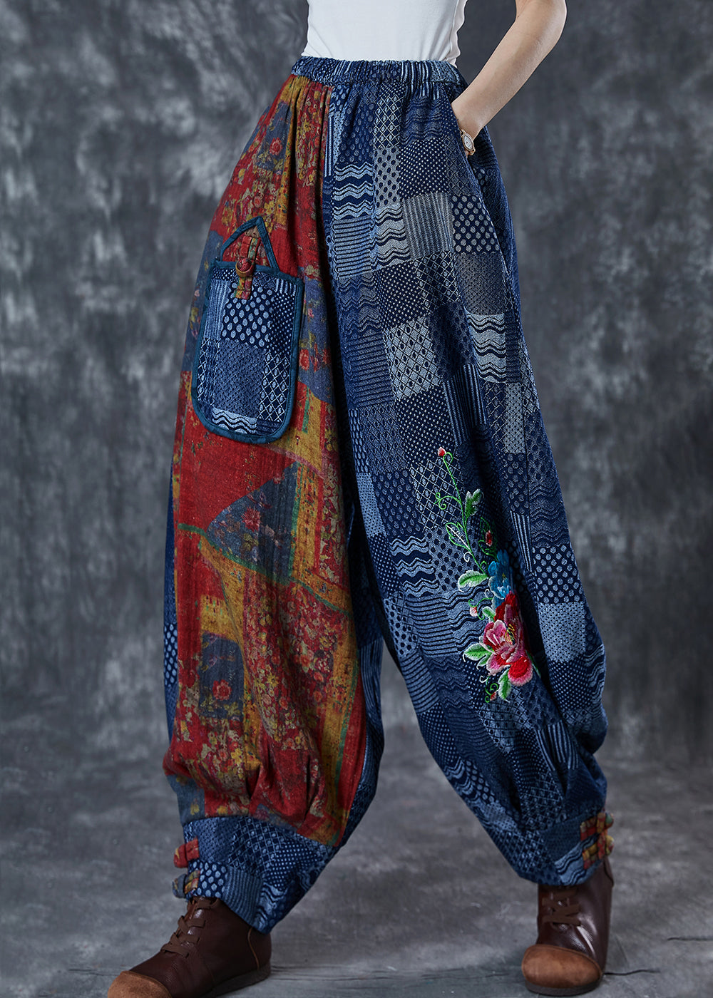 Blue Embroidered Print Cotton Pants Summer
