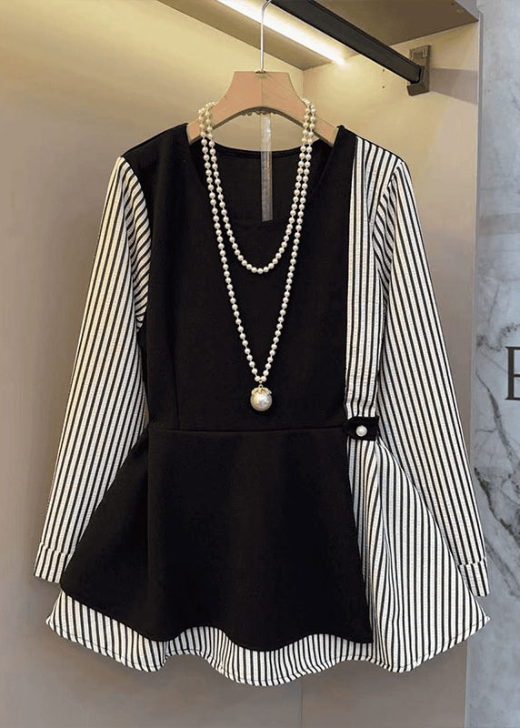 Black Oversized Patchwork Cotton Fake Two Piece Tops Fall