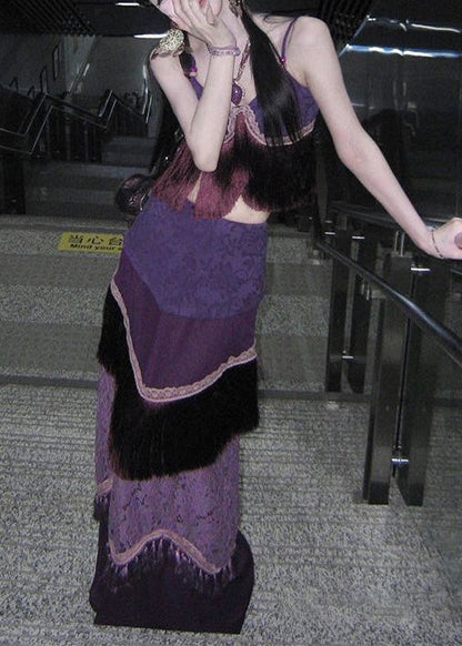 Style Purple Tasseled Patchwork Silk Two Piece Set Summer