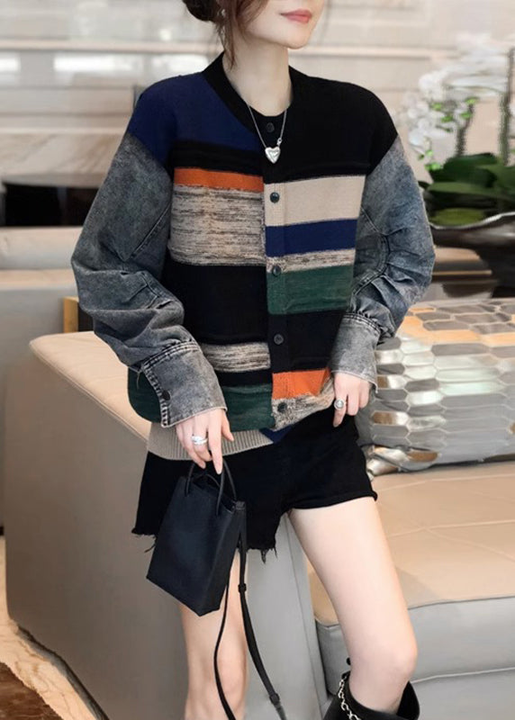 Colorblock Denim Patchwork Knitted Sweater Coat Autumn and Winter