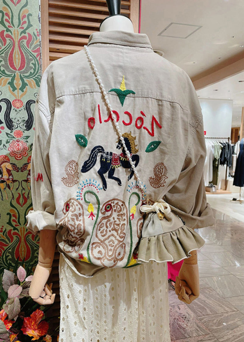 French Light Grey Embroidered Cotton Coat Long Sleeve