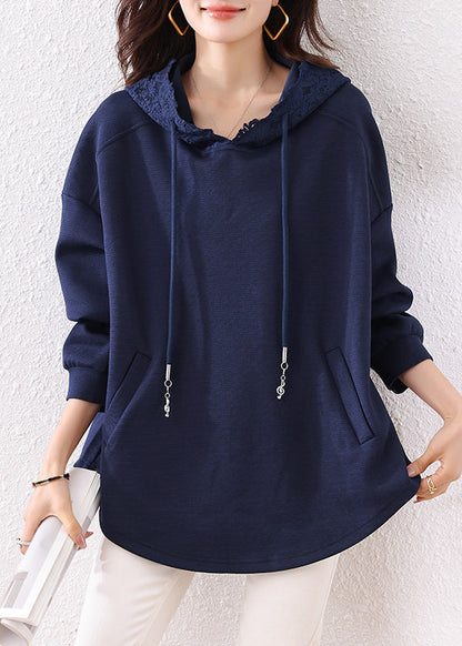 Boutique Navy Hooded Pockets Cotton Loose Sweatshirt Fall