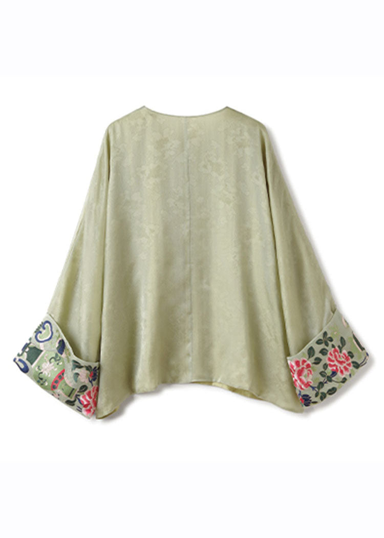 Green O-neck Asymmetrical Embroideried Silk Shirts Fall