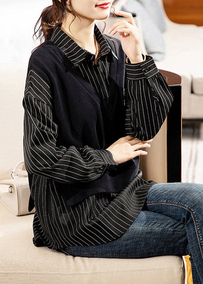 Black Striped Peter Pan Collar Patchwork Cotton Shirt Long Sleeve