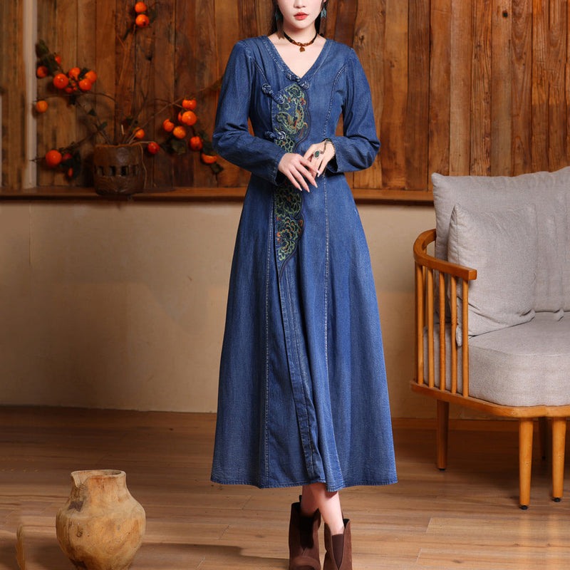 Navy V Neck Embroidered Button Long Denim Dresses Long Sleeve