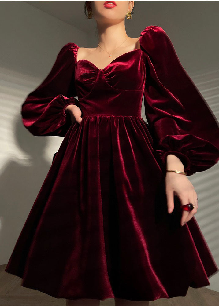 Mulberry Velour Vestidos Party Dress V Neck Lantern Sleeve