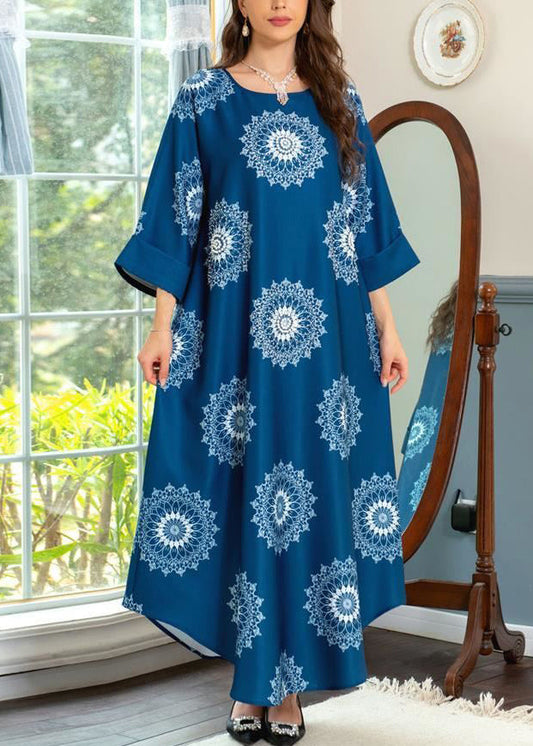 Blue O Neck Print Cotton Maxi Dresses Summer