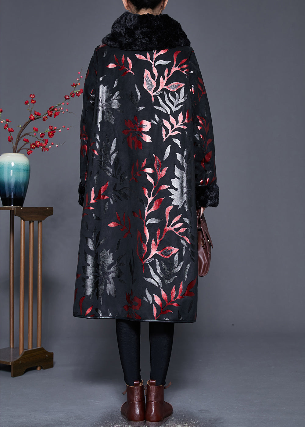 Black Fur Collar Print Warm Fleece Coats Winter
