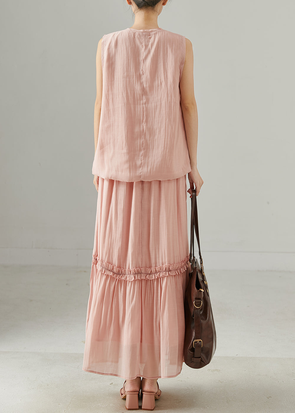 Art Pink Embroidered Ruffled Silk Two Piece Set Clothing Summer