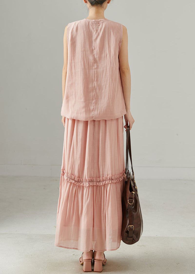 Art Pink Embroidered Ruffled Silk Two Piece Set Clothing Summer