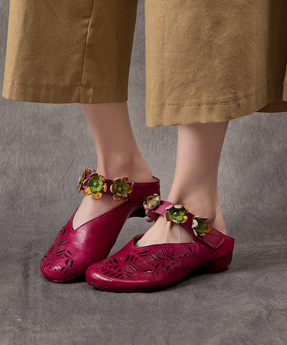 Purple Hollow Out Cowhide Leather Slide Sandals