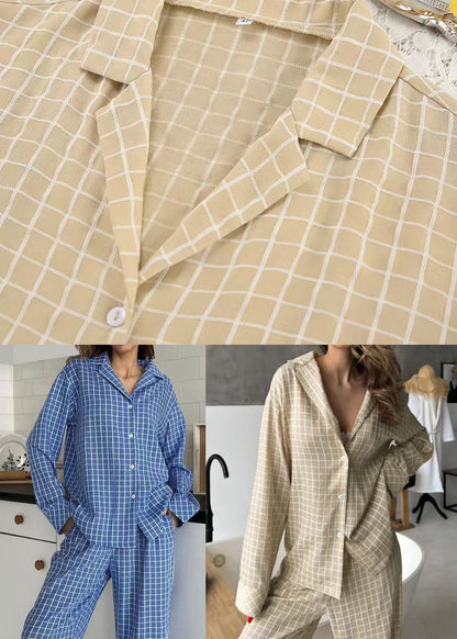 Blue Plaid Cotton Pajama Two Pieces Sets Oversized Fall