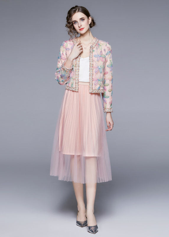 Pink O-neck Print Tulle Two Piece Suit Set Fall