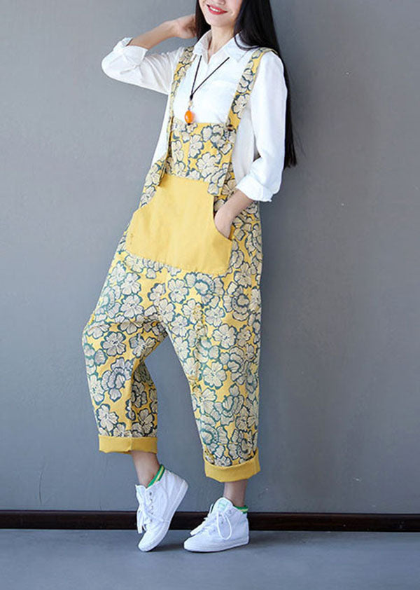 Yellow Patchwork Print Denim Jumpsuit Spring
