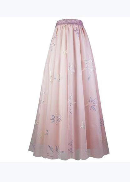 Pink Sequins Embroidered Elastic Waist Tulle Skirt Spring