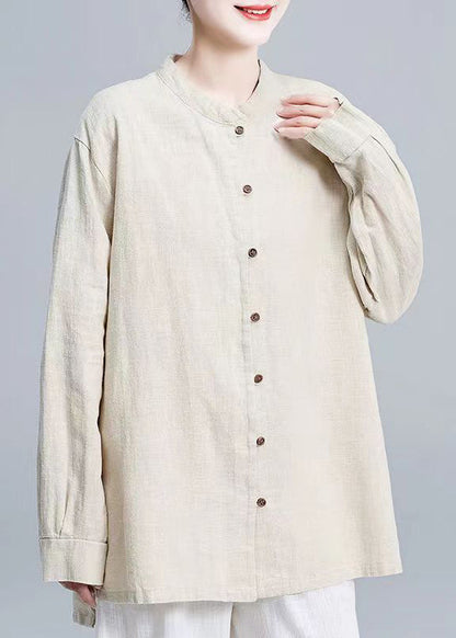 New Linen Stand Collarbutton Patchwork Linen Shirt Tops Fall