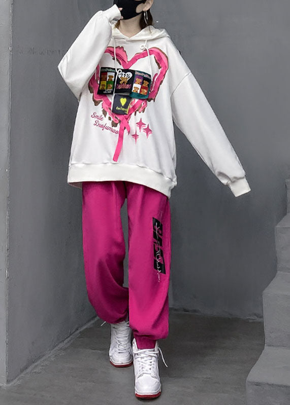 White Wrinkled Cotton Hooded Top and Lantern Pants Two Pieces Set Long Sleeve