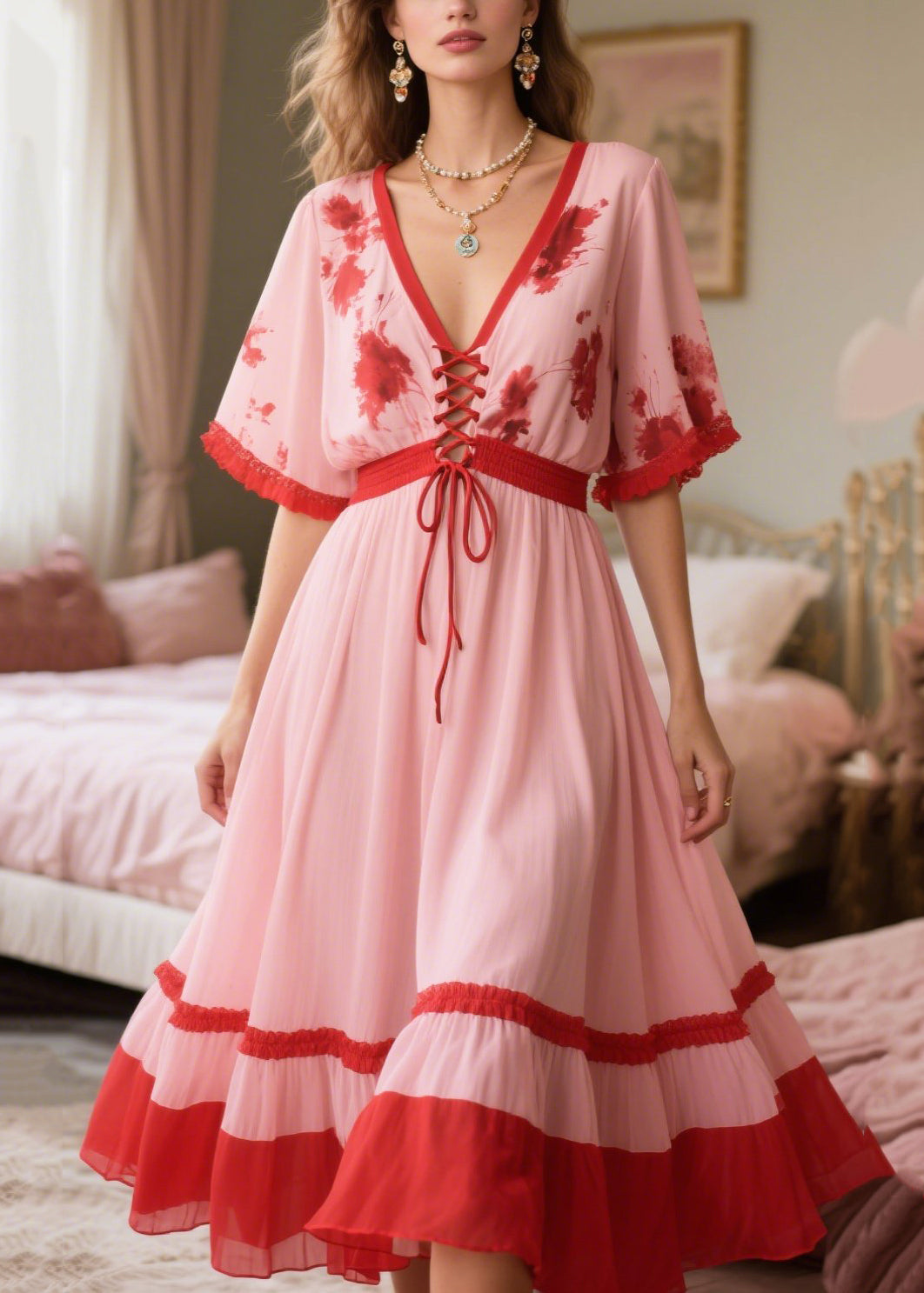 Pink Patchwork Cross Strap Chiffon Holiday Dress Summer