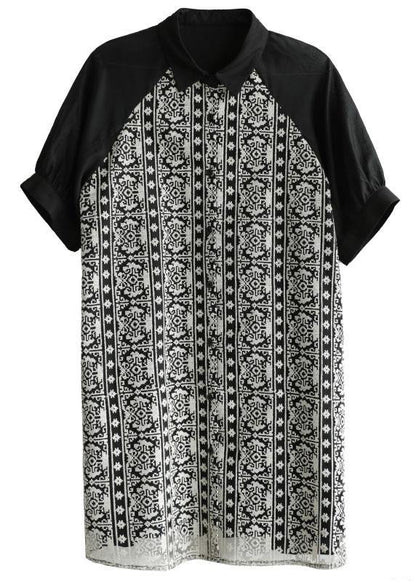 Black Peter Pan Collar Button Patchwork Summer Cotton Dresses Half Sleeve