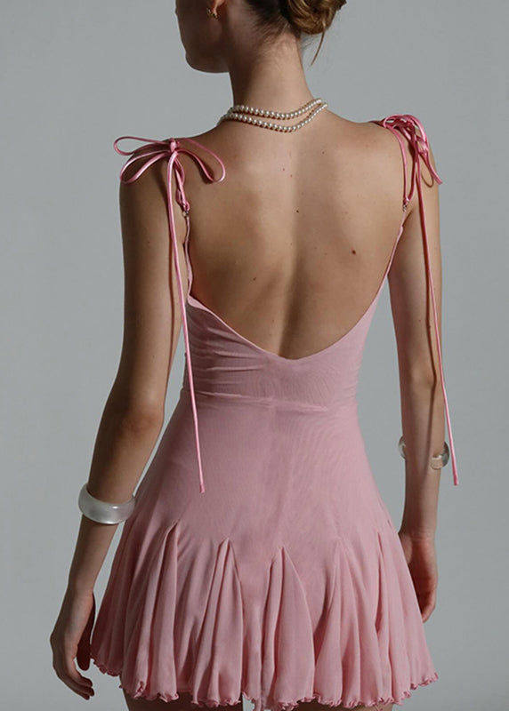 Pink Patchwork Tulle Mid Spaghetti Strap Dress Sleeveless