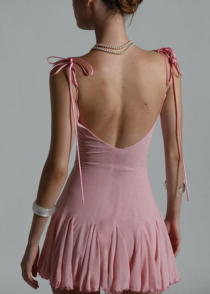 Pink Patchwork Tulle Mid Spaghetti Strap Dress Sleeveless