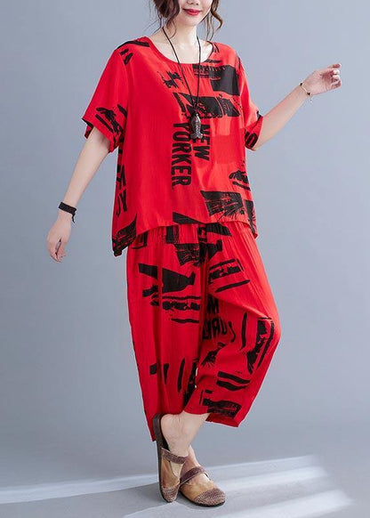 Unique Red Print O-neck Two Pieces Set Summer