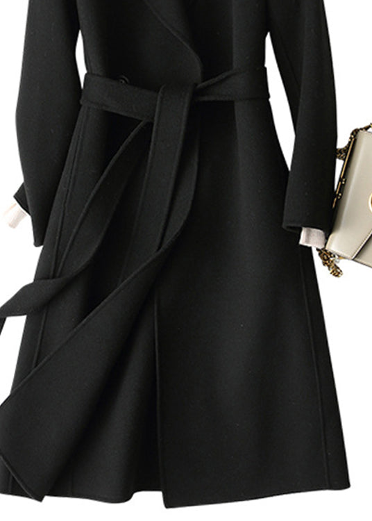 Black Notched Tie Waist Woolen Long Coats Fall
