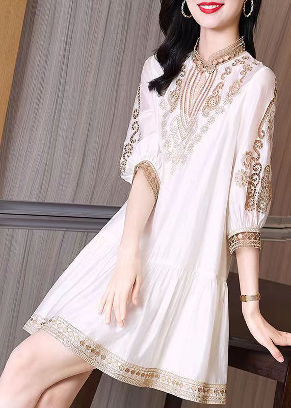 White Stand Collar Lace Patchwork Silk Maxi Dress Spring