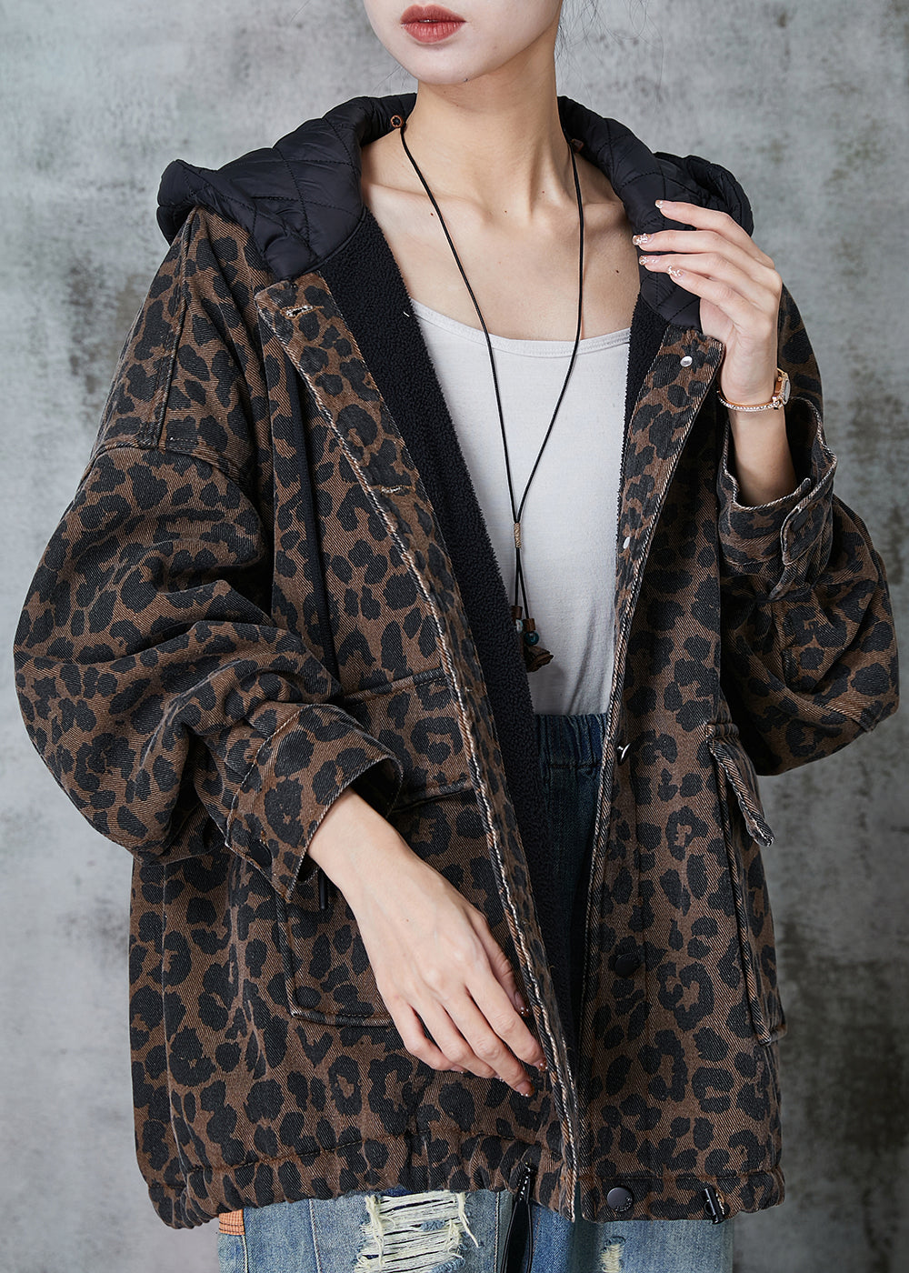Coffee Hooded Leopard Print Warm Fleece Coat Spring