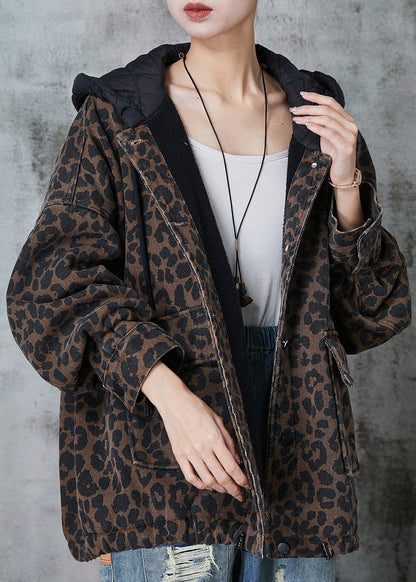 Coffee Hooded Leopard Print Warm Fleece Coat Spring
