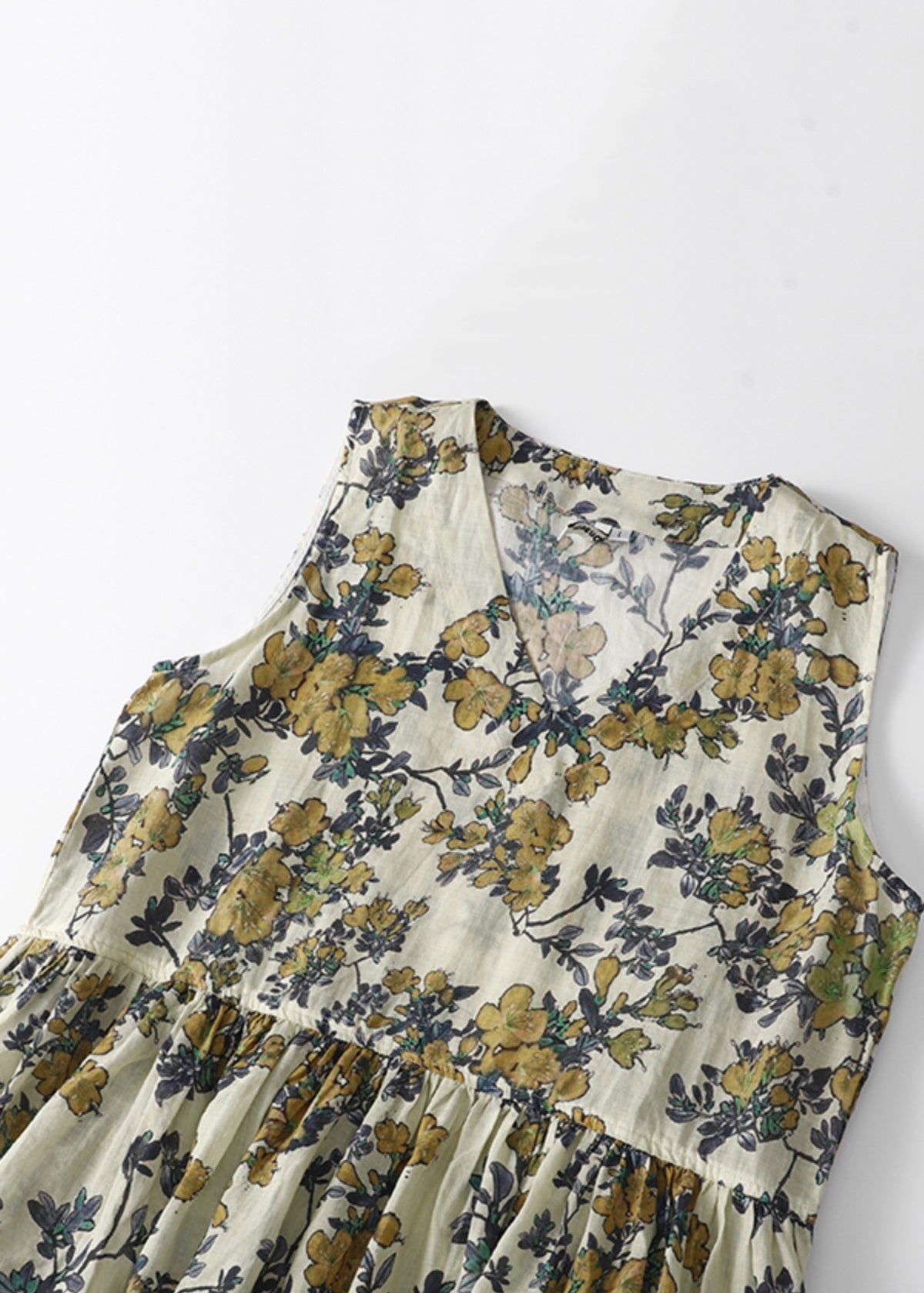 V Neck Print High Waist Linen Dresses Sleeveless