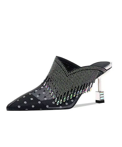 Black Tulle Zircon Tassel Slide Sandals Pointed Toe