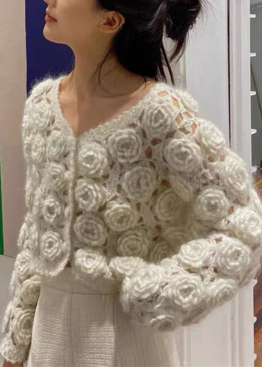 Beige Button Hollow Out Cotton Knit Coats Spring
