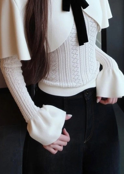 White Bow False Two Pieces Knit Cape Sweaters Winter